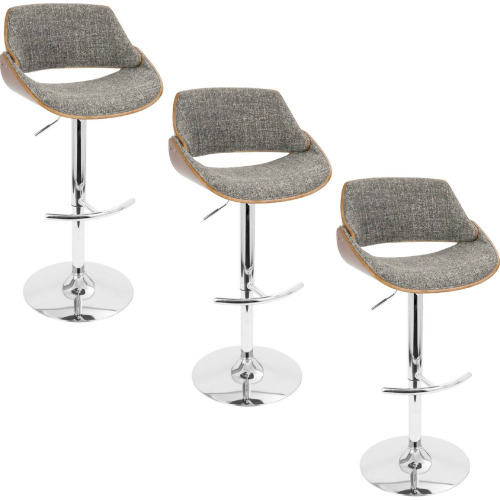 Fabrizzi Adjustable Swivel Bar Stool in Chrome, Walnut Wood & Grey Noise Fabric (Set of 3)